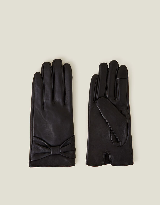 Leather Bow Gloves, Black (BLACK), large