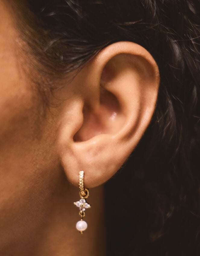 14ct Gold-Plated Flower Pearl Drop Hoop Earrings, , large