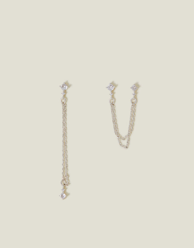 Sterling Silver-Plated Diamante Chain Drop Earrings, , large