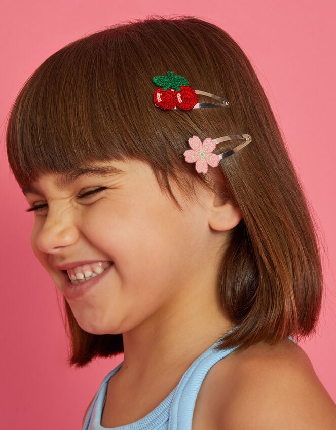 4-Pack Girls Crochet Flower Cherry Hair Clips, , large