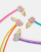 4-Pack Girls Rainbow Heart Fake Hair Clips, , large