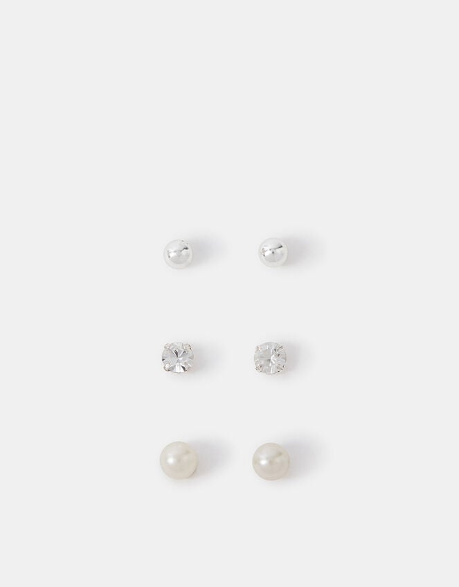 3-Pack Sterling Silver-Plated Pearl Mix Stud Earrings, , large