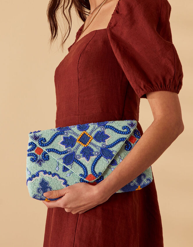 Large Beaded Tile Print Clutch Bag, , large