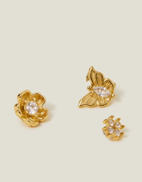 3-Pack 14ct Gold-Plated Flower Flatback Stud Earrings, , large