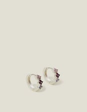 Sterling Silver-Plated Gem Flower Hoop Earrings, , large