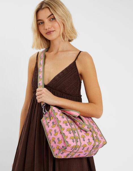 Floral Block Print Quilted Handbag, , large