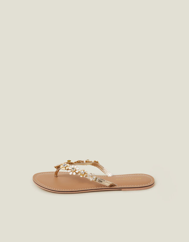 Diamante Flower Flip Flop Sandals, Gold (GOLD), large