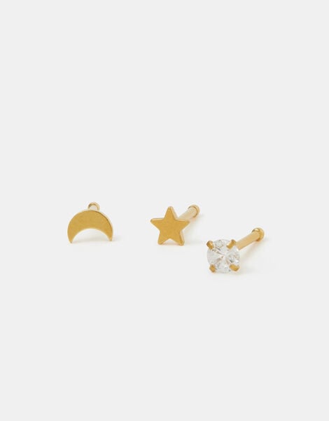 3-Pack 14ct Gold-Plated Surgical Steel Celestial Nose Studs, , large