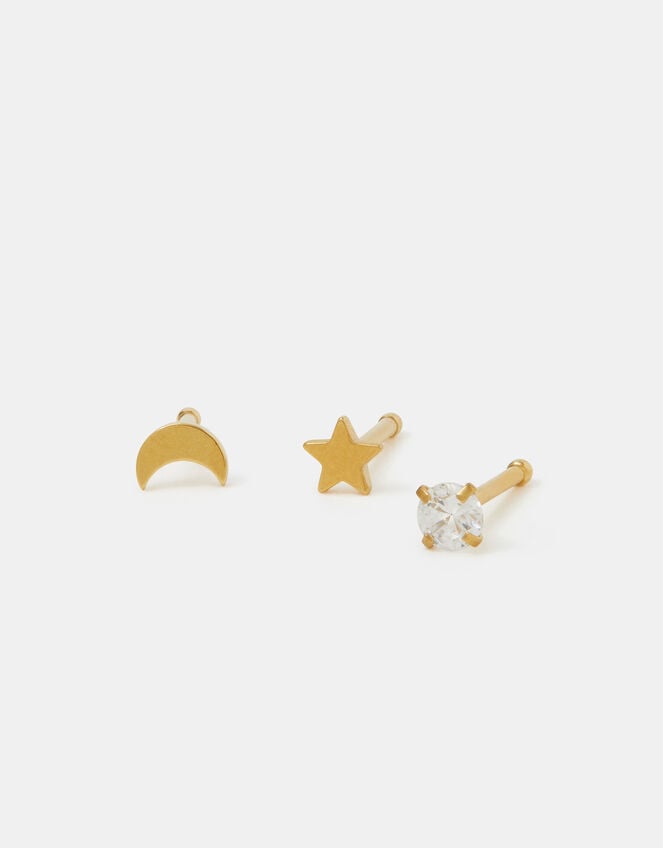 3-Pack 14ct Gold-Plated Surgical Steel Celestial Nose Studs, , large