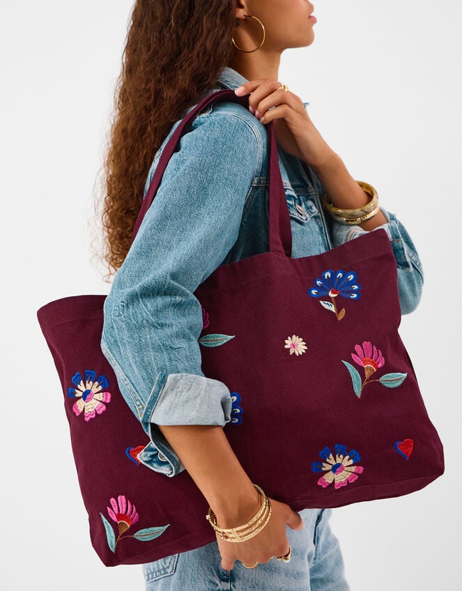 Floral Embroidered Shopper Bag, , large