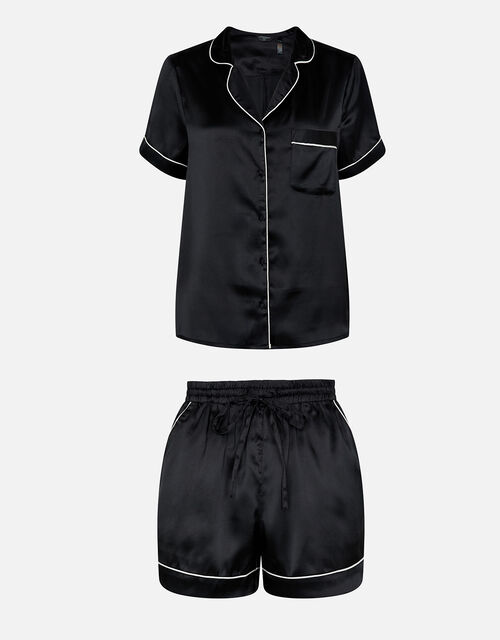 Satin Button Down Pyjama Set, Black (BLACK), large