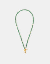 14ct Gold-Plated Healing Stone Bead T-Bar Necklace, Green (GREEN), large