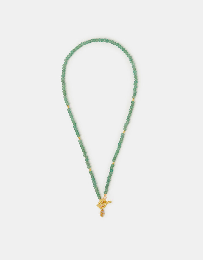 14ct Gold-Plated Healing Stone Bead T-Bar Necklace, Green (GREEN), large