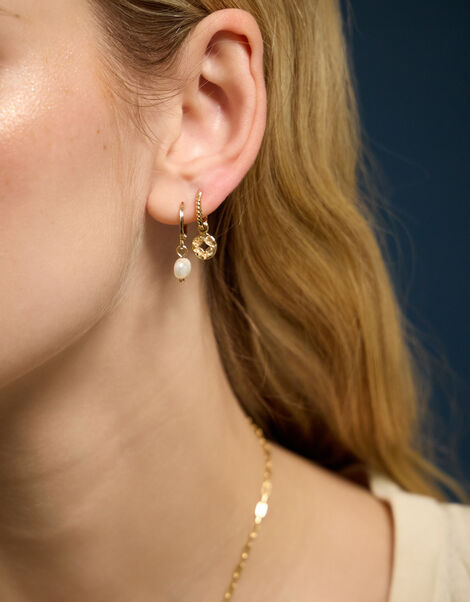 2-Pack 14ct Gold-Plated Pearl & Coin Hoop Earrings, , large