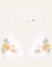 Lemon and Orange Embroidered Triangle Bikini Top, White (WHITE), large