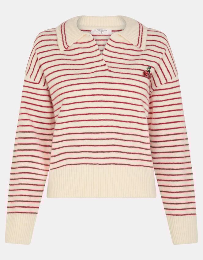 Cherry Stripe Polo Neck Jumper, Cream (CREAM), large