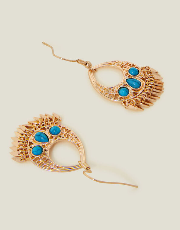 Stone Teardrop Fringe Earrings Turquoise, , large