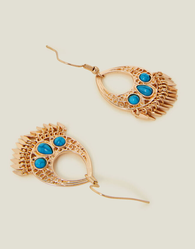 Stone Teardrop Fringe Earrings Turquoise, , large