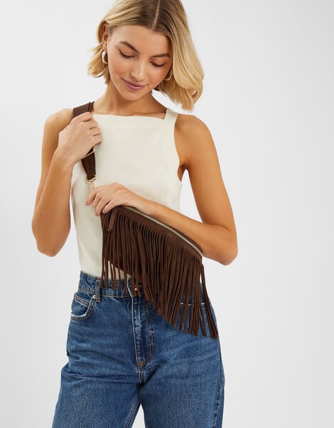 Suede Fringe Cross Body Sling Bag, , large