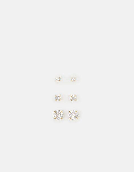 3-Pack Stainless Steel Cubic Zirconia Stud Earrings, , large