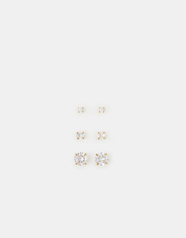 3-Pack Stainless Steel Cubic Zirconia Stud Earrings, , large