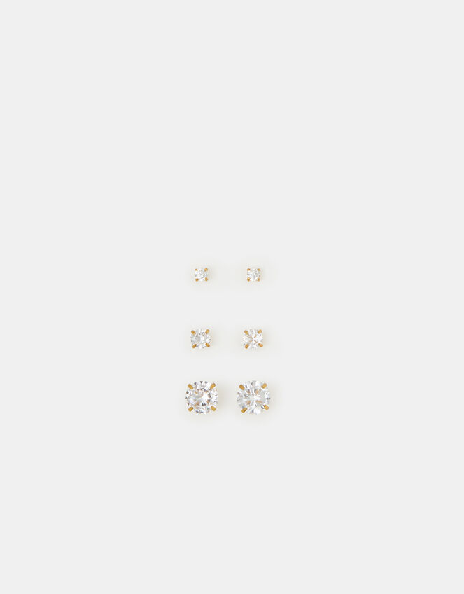 3-Pack Stainless Steel Cubic Zirconia Stud Earrings, , large