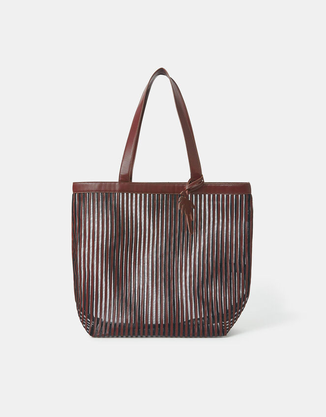 Mesh Stripe Shopper Bag, Brown (CHOCOLATE), large