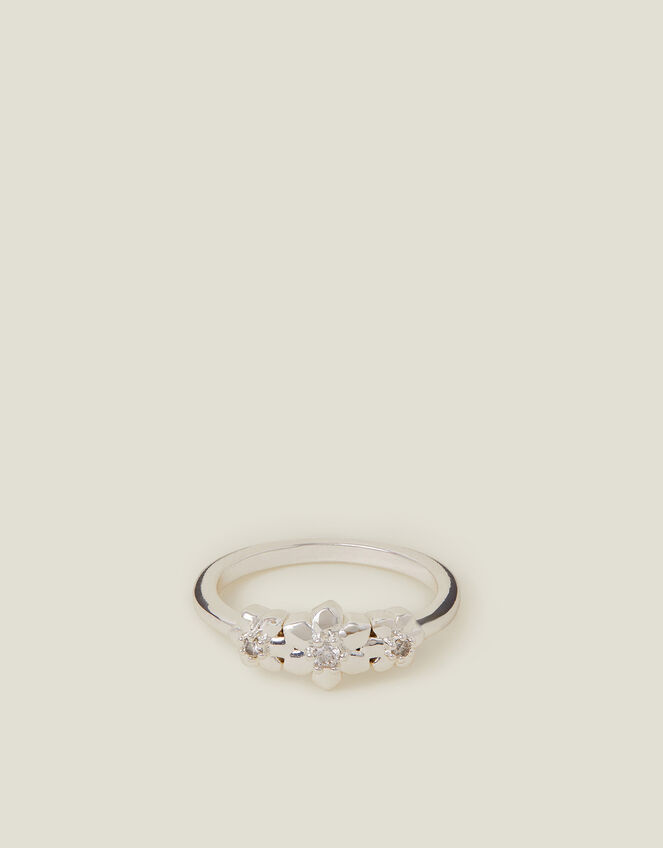 Sterling Silver-Plated Diamante Flower Ring, Silver (ST SILVER), large