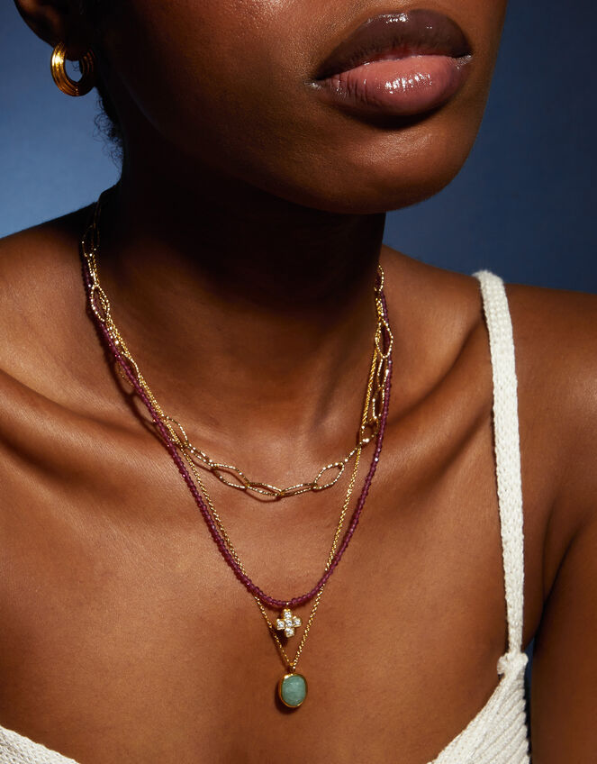 14ct Gold-Plated Clover Beaded Necklace, , large