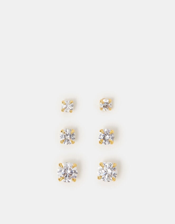 3-Pack 14ct Gold-Plated Crystal Stud Earrings, , large