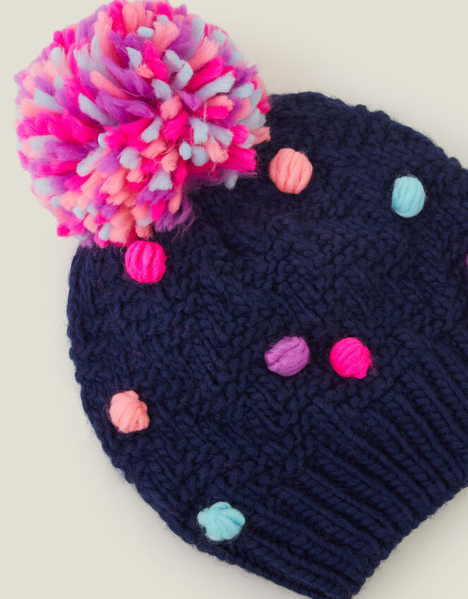 Girls Pom Pom Beanie Hat, Blue (NAVY), large