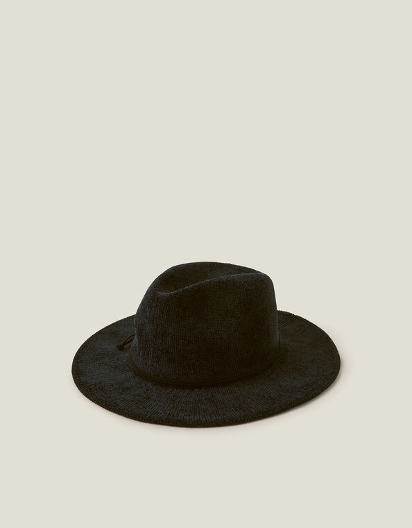 Chenille Packable Fedora Hat, Black (BLACK), large