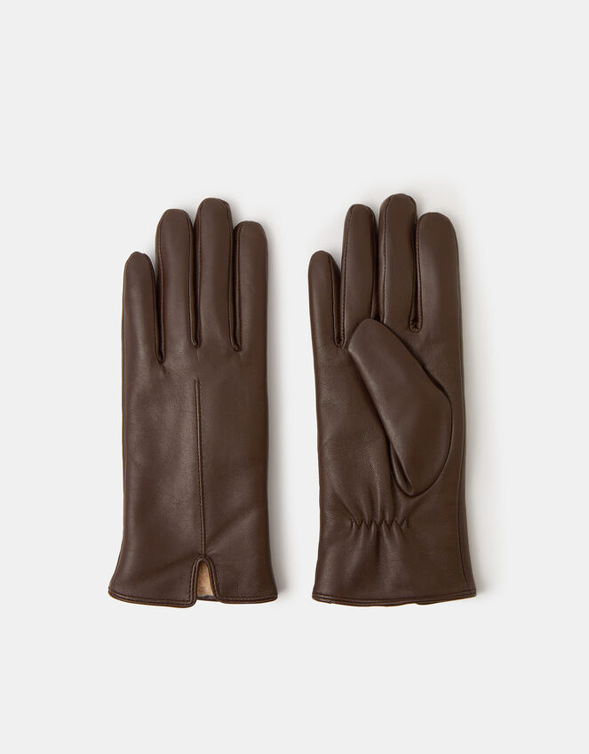 Faux Fur Lined Leather Gloves, Brown (CHOCOLATE), large