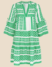 Print Jacquard Flute Sleeve Dress with Sustainable Cotton, Green (GREEN), large