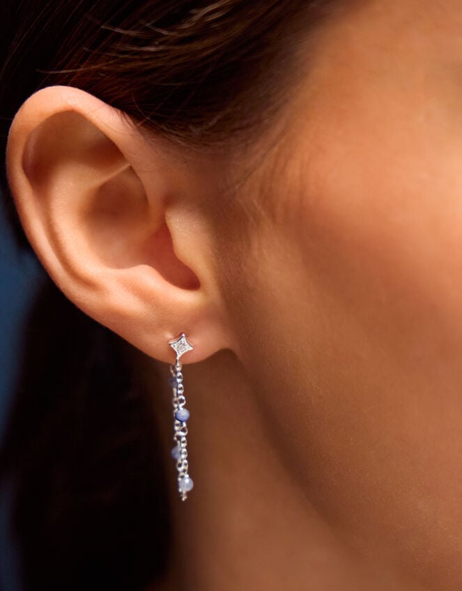 Sterling Silver-Plated Blue Quartz Chain Stud Earrings, , large