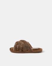Fluffy Braid Crossover Slide Slippers, Brown (CHOCOLATE), large