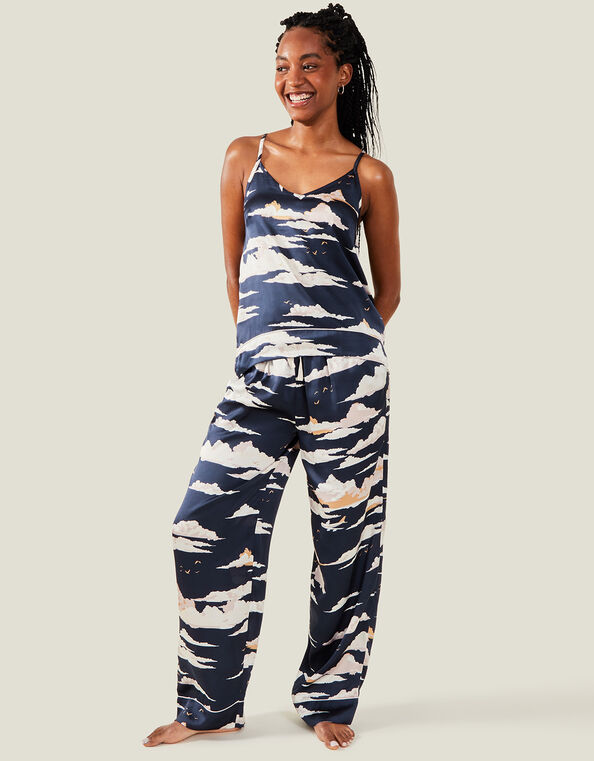 Vacation Print Satin Pyjama Set, Blue (NAVY), large