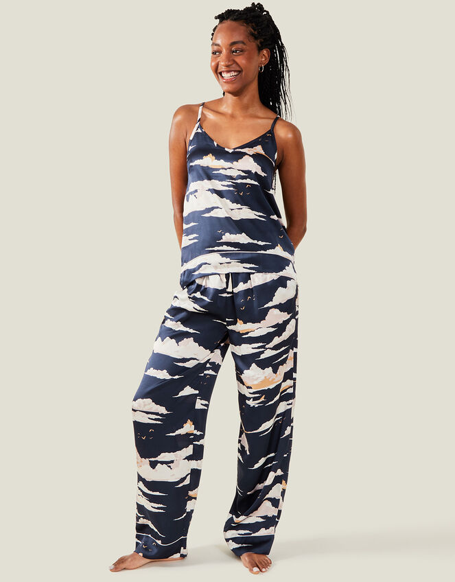Vacation Print Satin Pyjama Set, Blue (NAVY), large