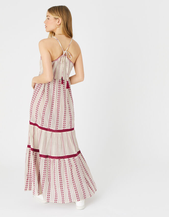 Burgundy Print Tiered Maxi Dress, Red (BURGUNDY), large