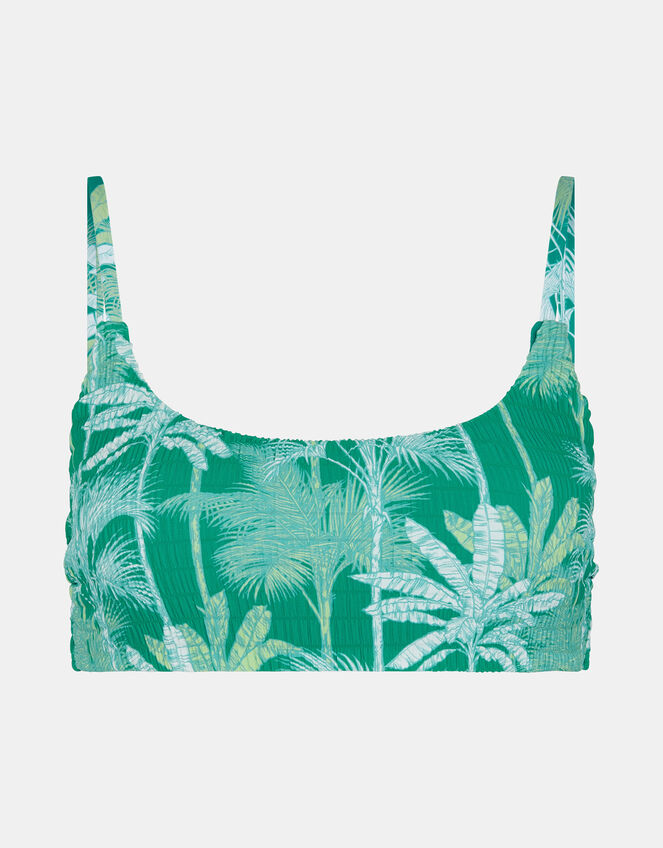 Palm Print Smocked Bralette Bikini Top, Green (GREEN), large
