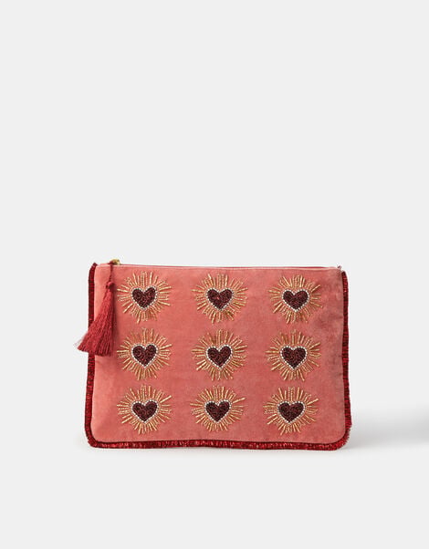 Large Heart Embellished Velvet Pouch, , large