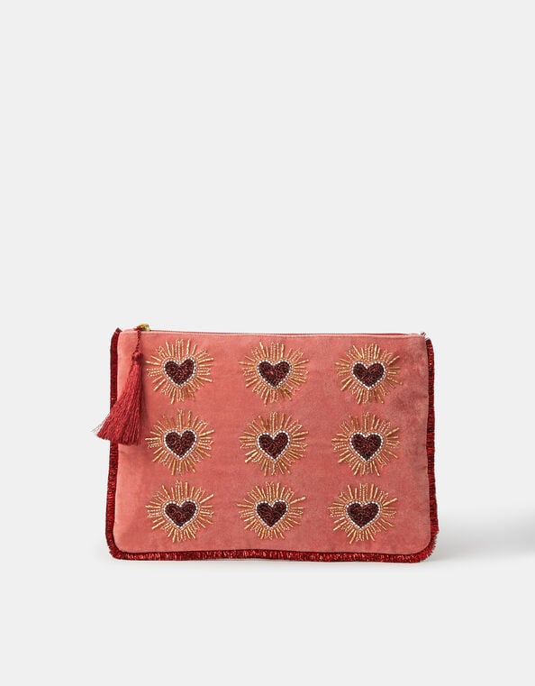 Large Heart Embellished Velvet Pouch, , large