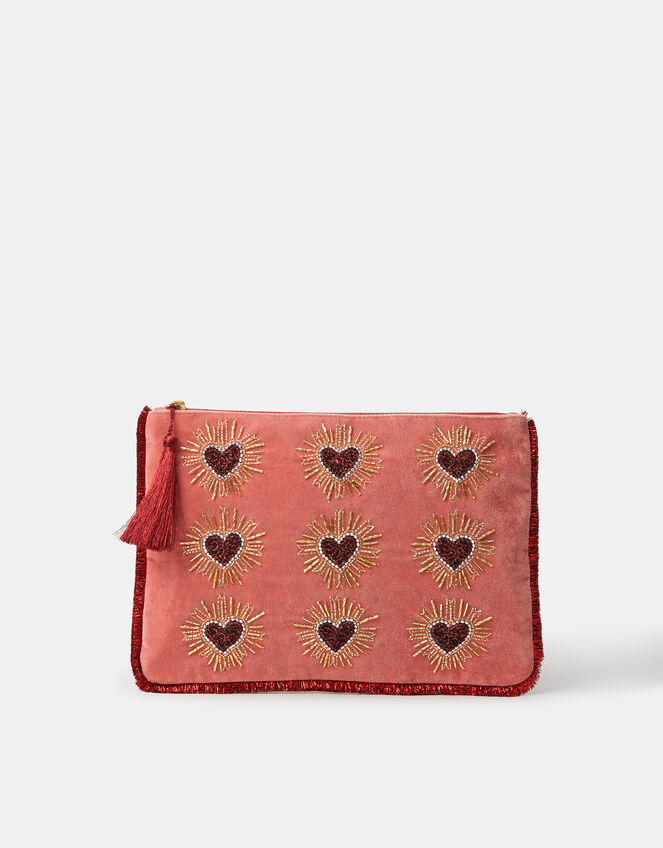 Large Heart Embellished Velvet Pouch, , large