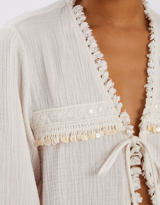 Mirror Embellished Long Sleeve Tie Top, Ivory (IVORY), large