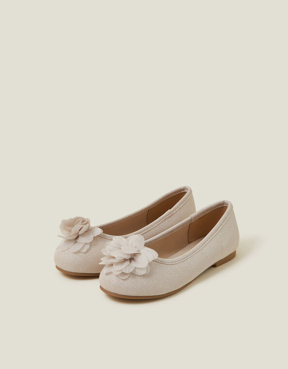Girls Flower Corsage Glitter Ballet Flats, Gold (GOLD), large