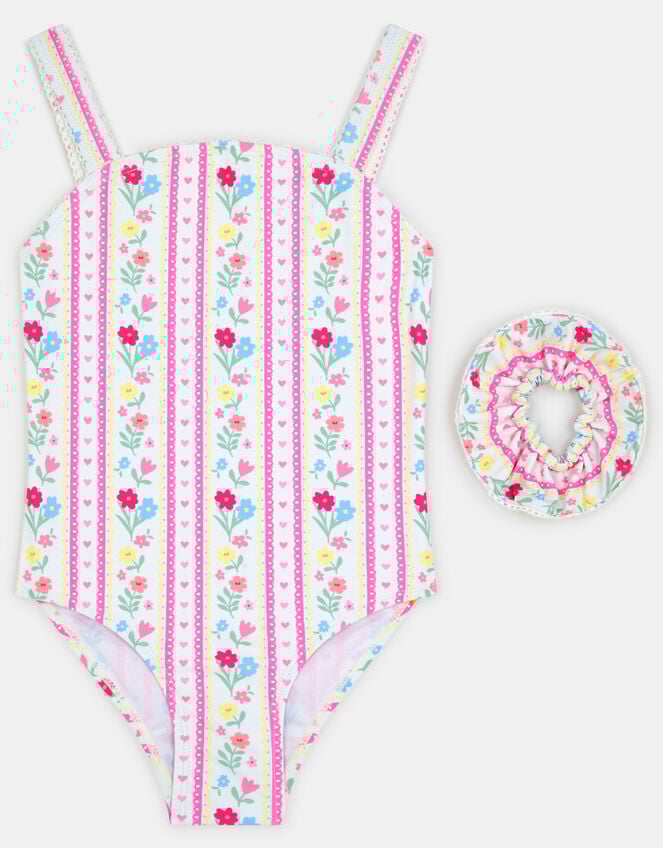 Girls Floral Print Swimsuit & Hair Scrunchie Set, Multi (BRIGHTS MULTI), large
