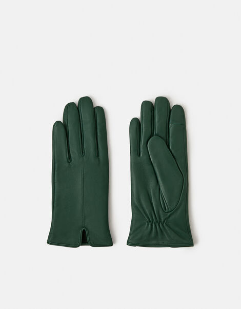 Fleece Lined Touchscreen Leather Gloves, Green (GREEN), large
