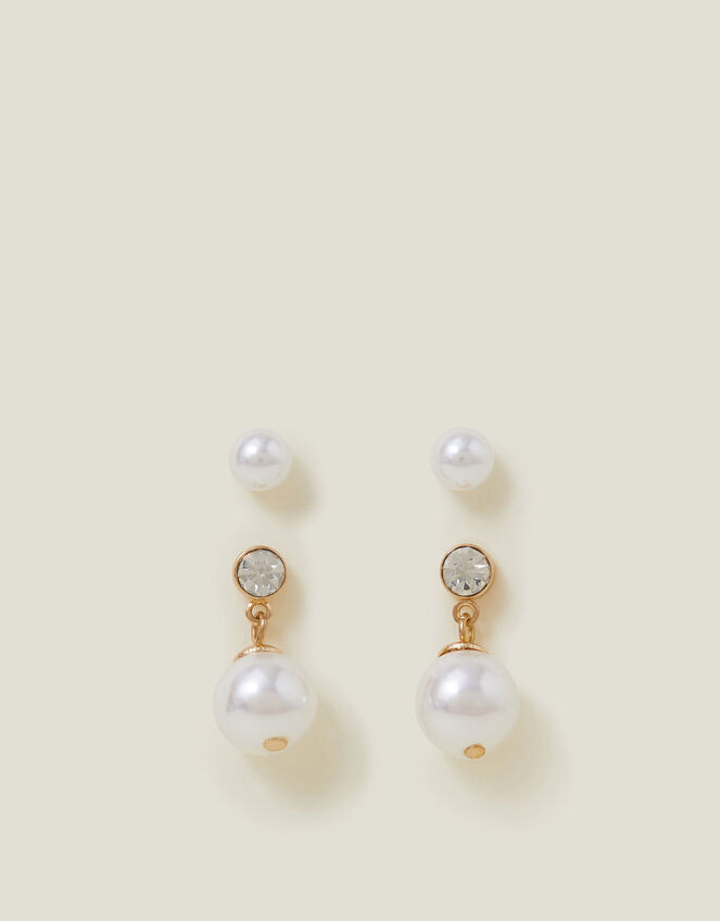 Tiny Pearl Stud and Short Drop Earrings Set of Two, Cream (PEARL), large