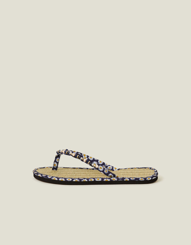 Daisy Print Seagrass Footbed Sandals, Blue (NAVY), large