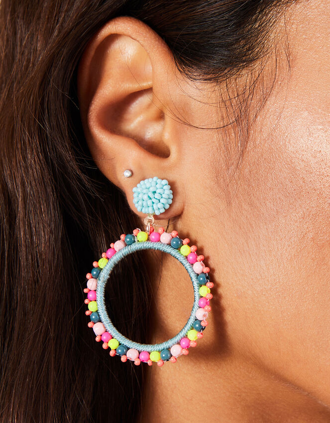 Beaded Stud Hoop Earrings, , large
